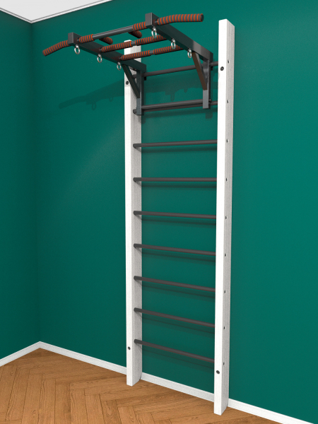 Брашированная шведская стенка "Кастерли" White с турником (Черные ступени)