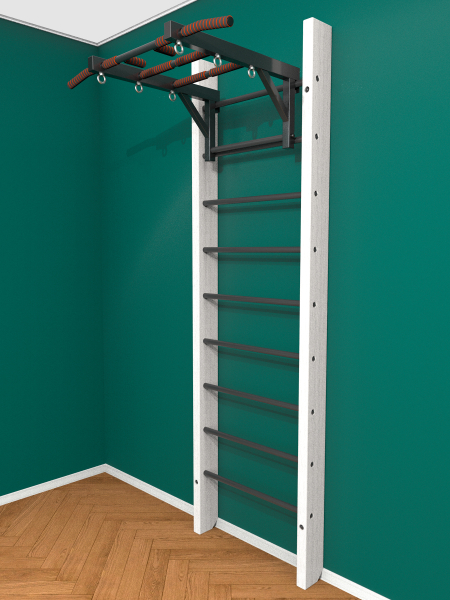 Брашированная шведская стенка "Кастерли" White с турником (Черные ступени)